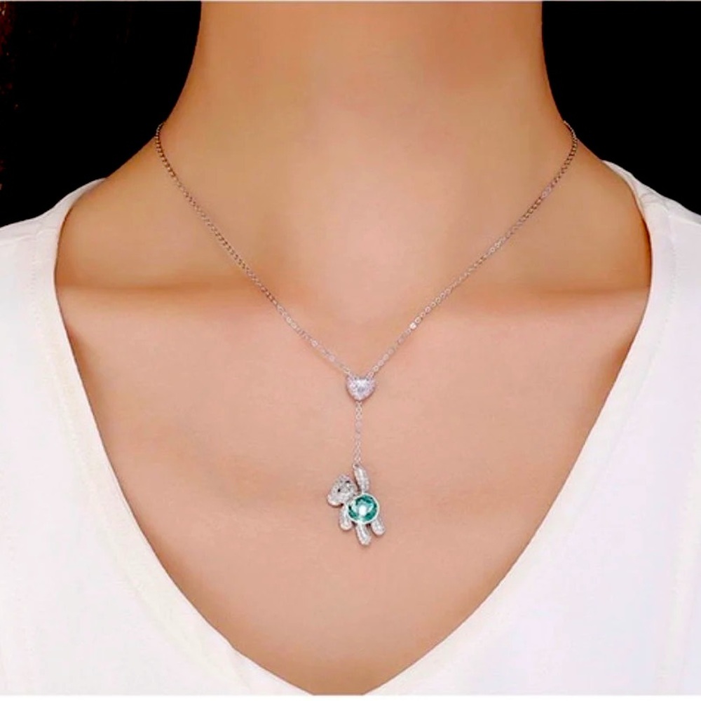 925 Sterling Silver Dazzling Bears & Heart Pendant Choker Necklace For Women
